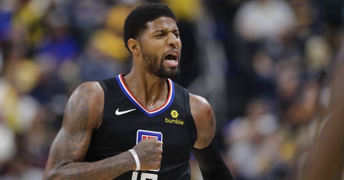 Los Angeles Clippers forward Paul George reacts after hitting a shot during the second half of an NBA basketball game against the Indiana Pacers, Monday, Dec. 9, 2019, in Indianapolis. The Clippers won 110-99. (AP Photo/Darron Cummings)