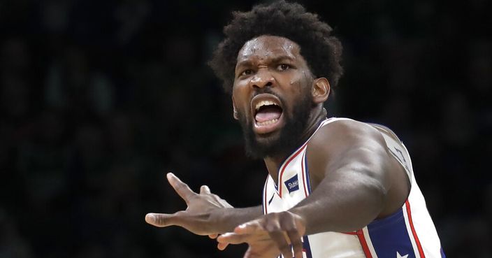 Philadelphia 76ers center Joel Embiid celebrates a made basket in the second half of an NBA basketball game against the Boston Celtics, Thursday, Dec. 12, 2019, in Boston. (AP Photo/Elise Amendola)