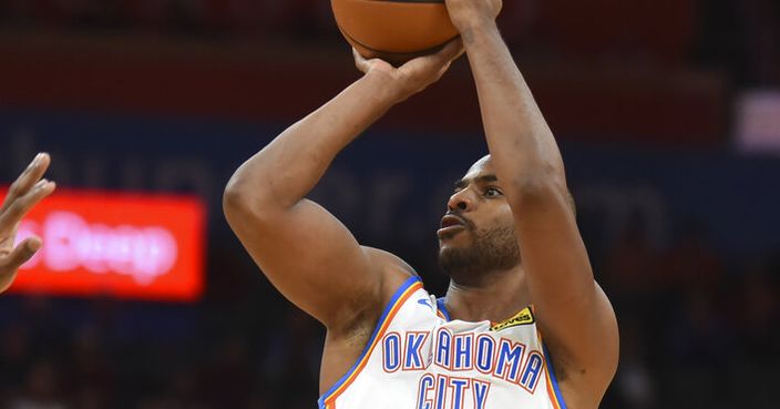 Oklahoma City Thunder guard Chris Paul shoots the ball in the second half of an NBA basketball game against Chicago Bulls, Monday, Dec. 16, 2019, in Oklahoma City. (AP Photo/Kyle Phillips)