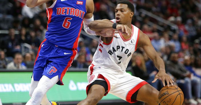 Toronto Raptors guard Kyle Lowry (7) drives against Detroit Pistons guard Bruce Brown (6) during the second half of an NBA basketball game Wednesday, Dec. 18, 2019, in Detroit. The Raptors won 112-99. (AP Photo/Duane Burleson)
