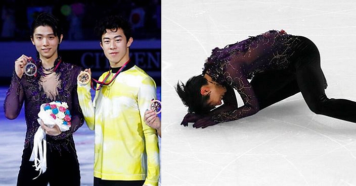 United States' Nathan Chen, center, winner of the men's free skating, celebrates with second placed Japan's Yuzuru Hanyu, left, and third placed France's Kevin Aymoz during the figure skating Grand Prix finals at the Palavela ice arena, in Turin, Italy, Saturday, Dec. 7, 2019. (AP Photo/Antonio Calanni)