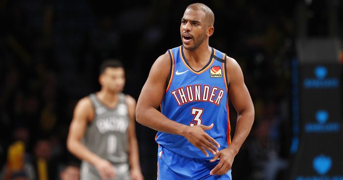 Oklahoma City Thunder guard Chris Paul (3) reacts after hitting a three-point shot during the second half of an NBA basketball game against the Brooklyn Nets, Tuesday, Jan. 7, 2020, in New York. The Thunder defeated the Nets 111-103 in overtime. (AP Photo/Kathy Willens)