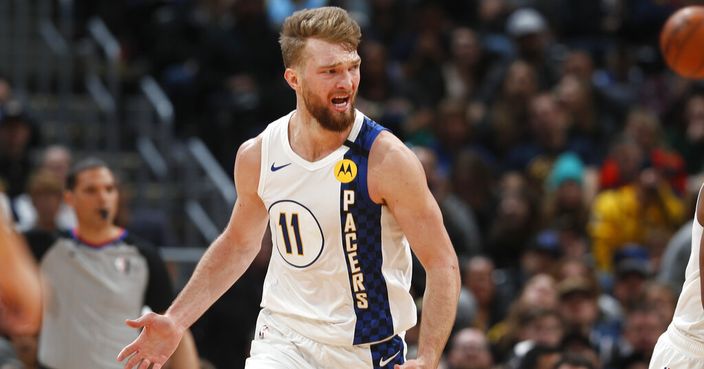 Indiana Pacers forward Domantas Sabonis argues for a foul in the second half of an NBA basketball game against the Denver Nuggets Sunday, Jan. 19, 2020, in Denver. Indiana won 115-107. (AP Photo/David Zalubowski)