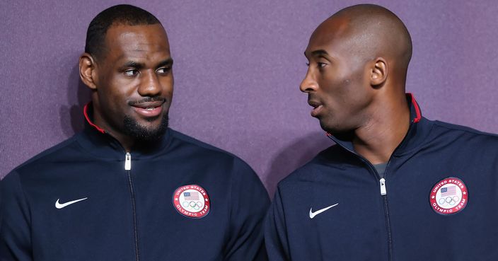 LONDON, ENGLAND - JULY 27:  LeBron James (L) and Kobe Bryant (R) look on during a basketball press conference ahead of the London 2012 Olympics on July 27, 2012 in London, England.  (Photo by Jeff Gross/Getty Images)