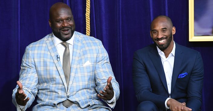 LOS ANGELES, CA - MARCH 24: Former Los Angeles Lakers player Shaquille O'Neal reacts to his former players seated in the audience with Kobe Bryant looking on during unveiling of his statue at Staples Center March 24, 2017, in Los Angeles, California. NOTE TO USER: User expressly acknowledges and agrees that, by downloading and or using this photograph, User is consenting to the terms and conditions of the Getty Images License Agreement. (Photo by Kevork Djansezian/Getty Images)
