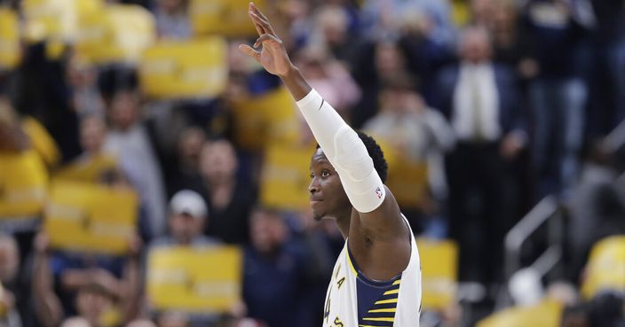 Indiana Pacers' Victor Oladipo waves to the crowd after entering the game during the first half of the team's NBA basketball matchup against the Chicago Bulls, Wednesday, Jan. 29, 2020, in Indianapolis. (AP Photo/Darron Cummings)