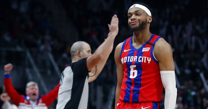 Detroit Pistons guard Bruce Brown (6) walks backward after hitting a three-point basket during the second half of an NBA basketball game against the Denver Nuggets, Sunday, Feb. 2, 2020, in Detroit.   (AP Photo/Carlos Osorio)