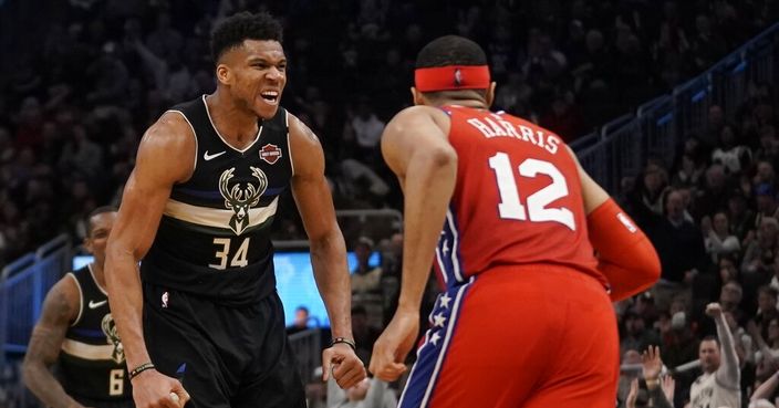 Milwaukee Bucks' Giannis Antetokounmpo reacts after a dunk during the second half of an NBA basketball game against the Philadelphia 76ers Thursday, Feb. 6, 2020, in Milwaukee. The Bucks won 112-101. (AP Photo/Morry Gash)