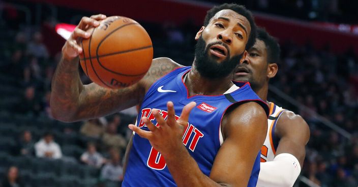 Detroit Pistons center Andre Drummond pulls down a rebound during the second half of an NBA basketball game against the Phoenix Suns, Wednesday, Feb. 5, 2020, in Detroit. (AP Photo/Carlos Osorio)
