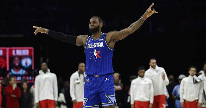 LeBron James of the Los Angeles Lakers celebrates during the second half of the NBA All-Star basketball game Sunday, Feb. 16, 2020, in Chicago. (AP Photo/Nam Huh)