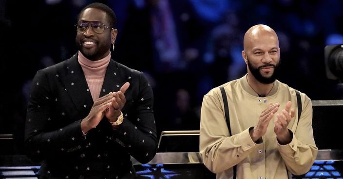 CHICAGO, ILLINOIS - FEBRUARY 15: Dwyane Wade and Common are introduced in the 2020 NBA All-Star - AT&T Slam Dunk Contest during State Farm All-Star Saturday Night at the United Center on February 15, 2020 in Chicago, Illinois. NOTE TO USER: User expressly acknowledges and agrees that, by downloading and or using this photograph, User is consenting to the terms and conditions of the Getty Images License Agreement. (Photo by Jonathan Daniel/Getty Images)