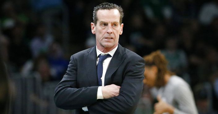 FILE - In this March 3, 2020 file photo, Brooklyn Nets head coach Kenny Atkinson looks on from the sideline during the first half of an NBA basketball game against the Boston Celtics in Boston.  The Nets surprisingly split with Atkinson on Saturday, March 7, even as they remain on track for a second consecutive playoff berth. The morning after Atkinson guided the Nets to a rout of San Antonio, the Nets announced that they had mutually agreed to part ways with the fourth-year coach. (AP Photo/Mary Schwalm, File)