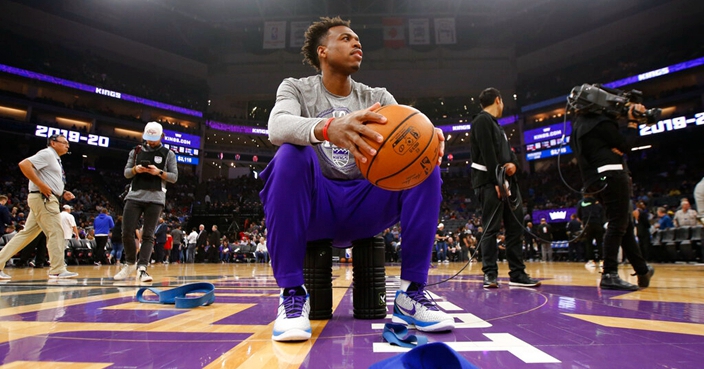 Sacramento Kings guard Buddy Hield waits for the New Orleans Pelicans to take the court before a scheduled NBA basketball game in Sacramento, Calif., Wednesday, March 11, 2020. The game postponed at the last minute out of an 