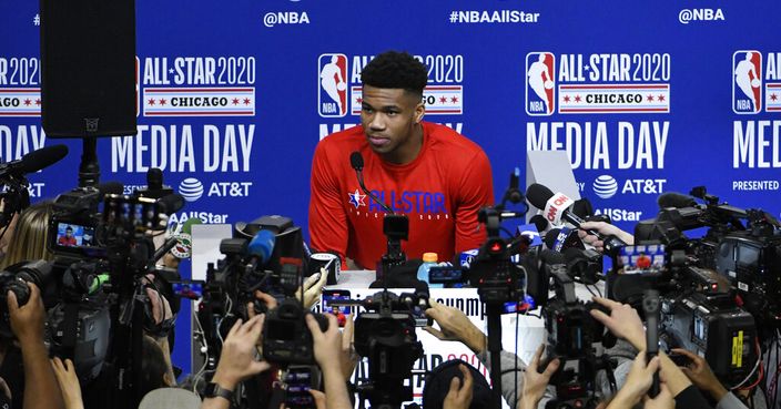 Milwaukee Bucks' Giannis Antetokounmpo talks to the media during the NBA All-Star game media day, Saturday, Feb. 15, 2020, in Chicago. (AP Photo/David Banks)