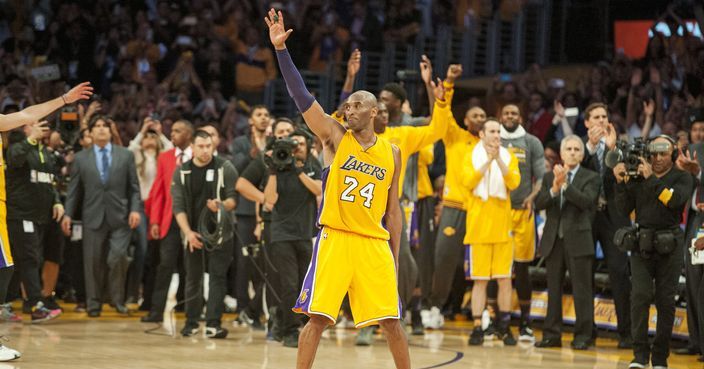Los Angeles Lakers' forward Kobe Bryant acknowledges fans  after an NBA basketball game against the Utah Jazz at Staples Center in Los Angeles, on Wednesday, April 13, 2016. Kobe Bryant went out with a Hollywood ending to his remarkable career. He scored 60 points in his final NBA game Wednesday night, wrapping up 20 years in the NBA with an unbelievable offensive showcase in the Lakers' 101-96 victory over the Utah Jazz. (Michael Goulding/The Orange County Register via AP)   MAGS OUT; LOS ANGELES TIMES OUT; MANDATORY CREDIT
