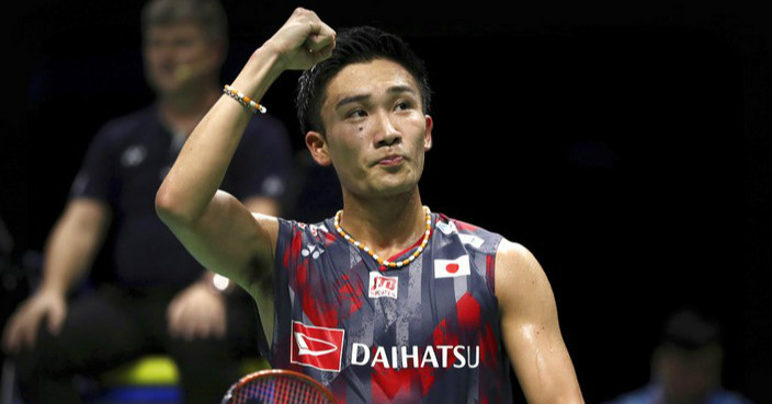 Kento Momota of Japan reacts after beating Daren Liew of Malaysia in their men's badminton semifinal match at the BWF World Championships in Nanjing, China, Saturday, Aug. 4, 2018. (AP Photo/Mark Schiefelbein)