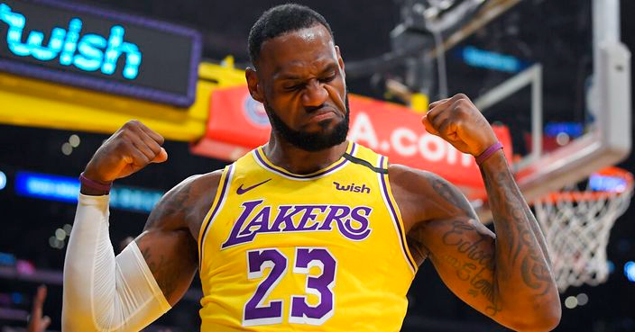 Los Angeles Lakers forward LeBron James gestures after scoring and drawing a foul during the first half of the team's NBA basketball game against the New York Knicks on Tuesday, Jan. 7, 2020, in Los Angeles. (AP Photo/Mark J. Terrill)