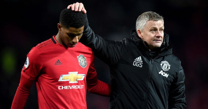 MANCHESTER, ENGLAND - DECEMBER 01: Marcus Rashford of Manchester United is consolled by Ole Gunnar Solskjaer, Manager of Manchester United after the Premier League match between Manchester United and Aston Villa at Old Trafford on December 01, 2019 in Manchester, United Kingdom. (Photo by Stu Forster/Getty Images)