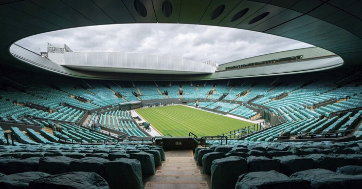 A view of the empty No.1 Court at the All England Lawn Tennis Club in Wimbledon, London Saturday June 27, 2020 the weekend before The Championships were due to start. The 2020 Wimbledon Tennis Championships were cancelled due to the Coronavirus pandemic. (Bob Martin/AELTC via AP)