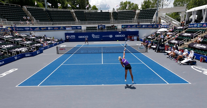 Springfield Laser tennis player Olga Govortsova delivers a serve during the World TeamTennis tournament at The Greenbrier resort Sunday July 12, 2020, in White Sulphur Springs, W.Va. (AP Photo/Steve Helber)