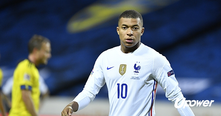 France's Kylian Mbappe during the UEFA Nations League soccer match between Sweden and France at Friends Arena, Saturday, Sept. 5, 2020, in Stockholm, Sweden. (Jessica Gow/TT via AP)